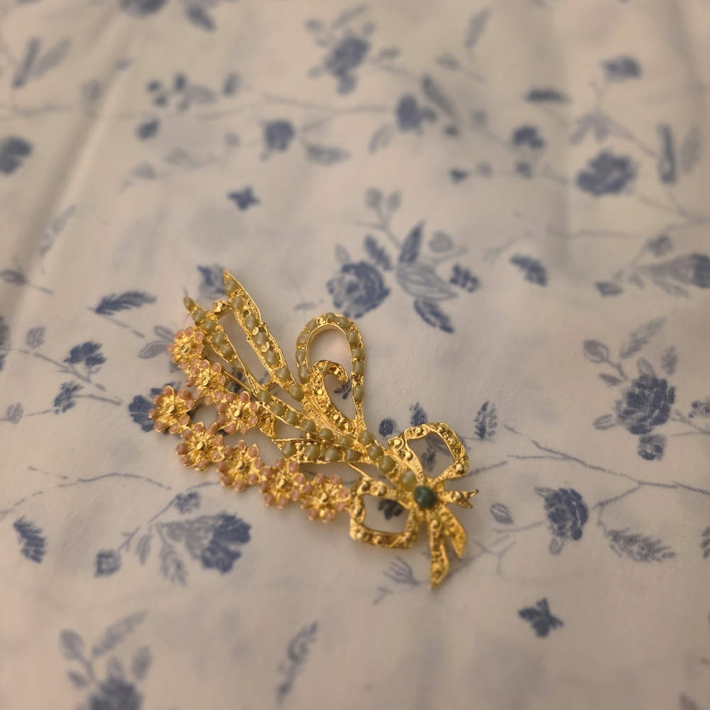 Gold Floral Brooch with Coral Pink and Mint Green Accents